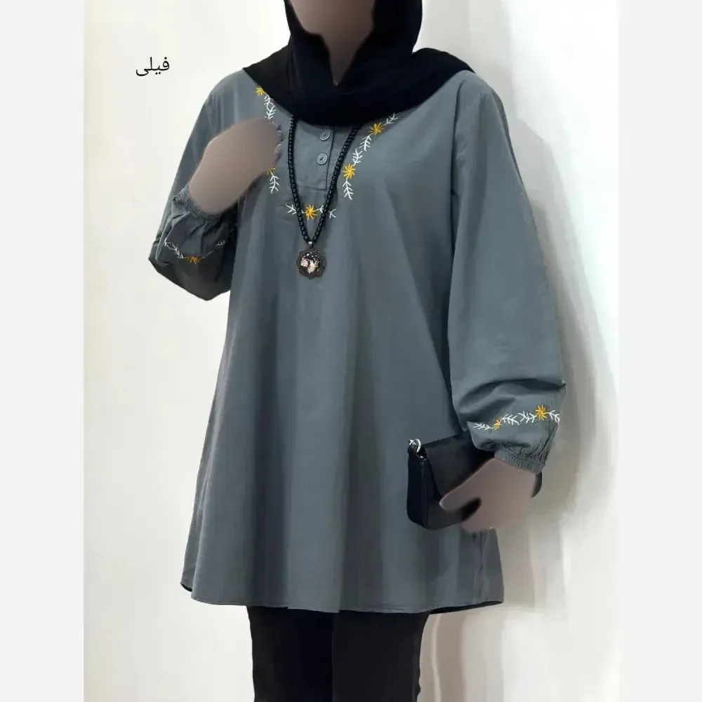 مانتو زنانه مدل شقایق جنس الیاف لینن طبیعی فری سایز مناسب 38 تا 46