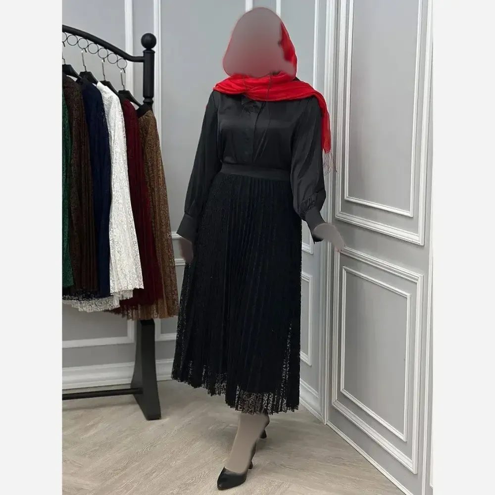 دامن گیپور زنانه مشکی آستردار قد 95 فری سایز 36 تا 46