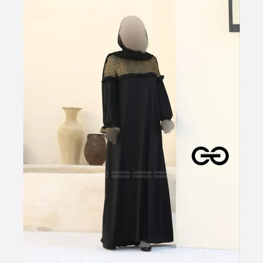 عبا زنانه طرح دنیا جنس الیزه و خرجکار تافته هندی رنگ مشکی سایز 40 تا 60 (2)
