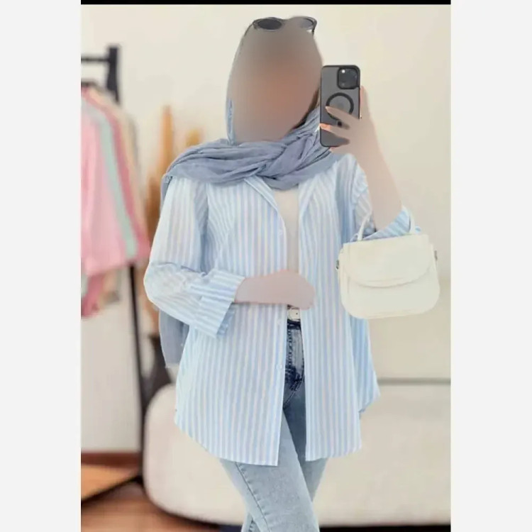 شومیز زنانه لنین راه راه آستین پاگن دار جیب دار تابستانه