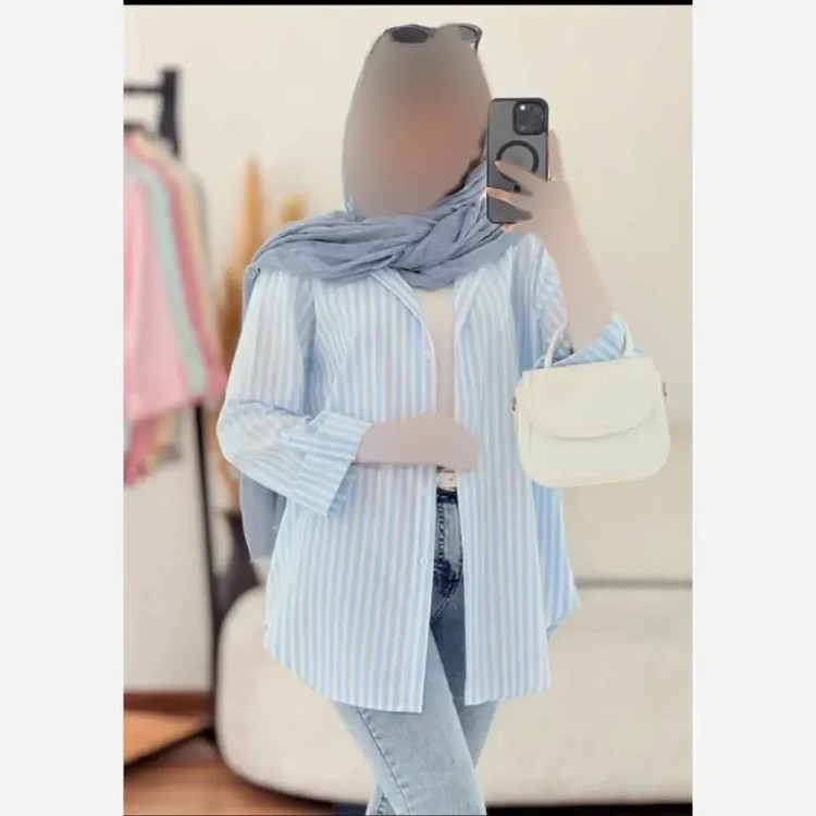 شومیز زنانه لنین راه راه آستین پاگن دار جیب دار تابستانه