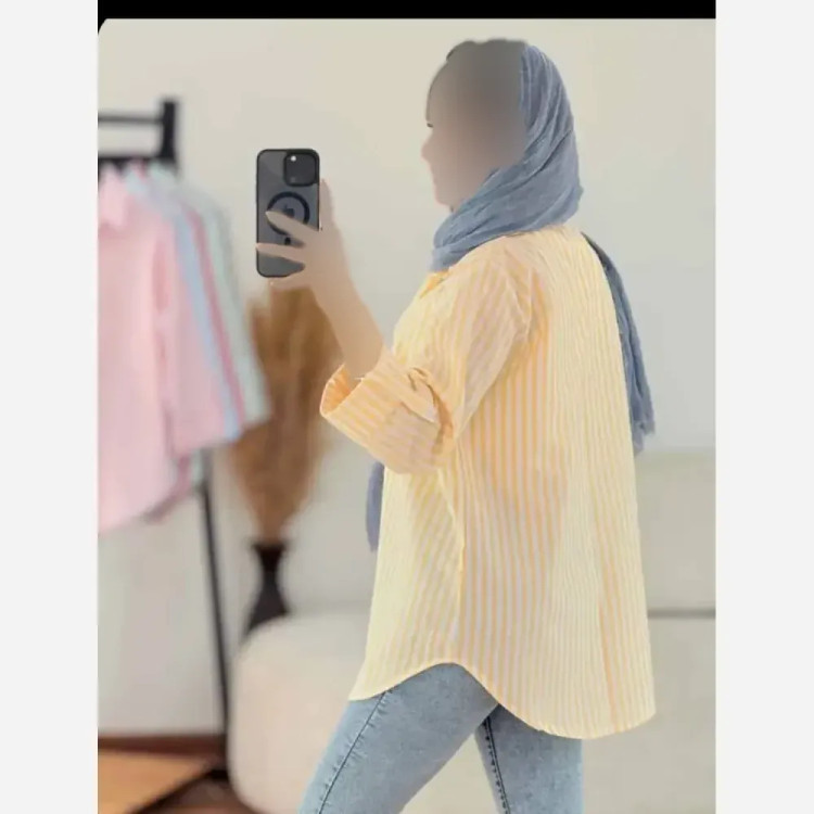 شومیز زنانه لنین راه راه آستین پاگن دار جیب دار تابستانه