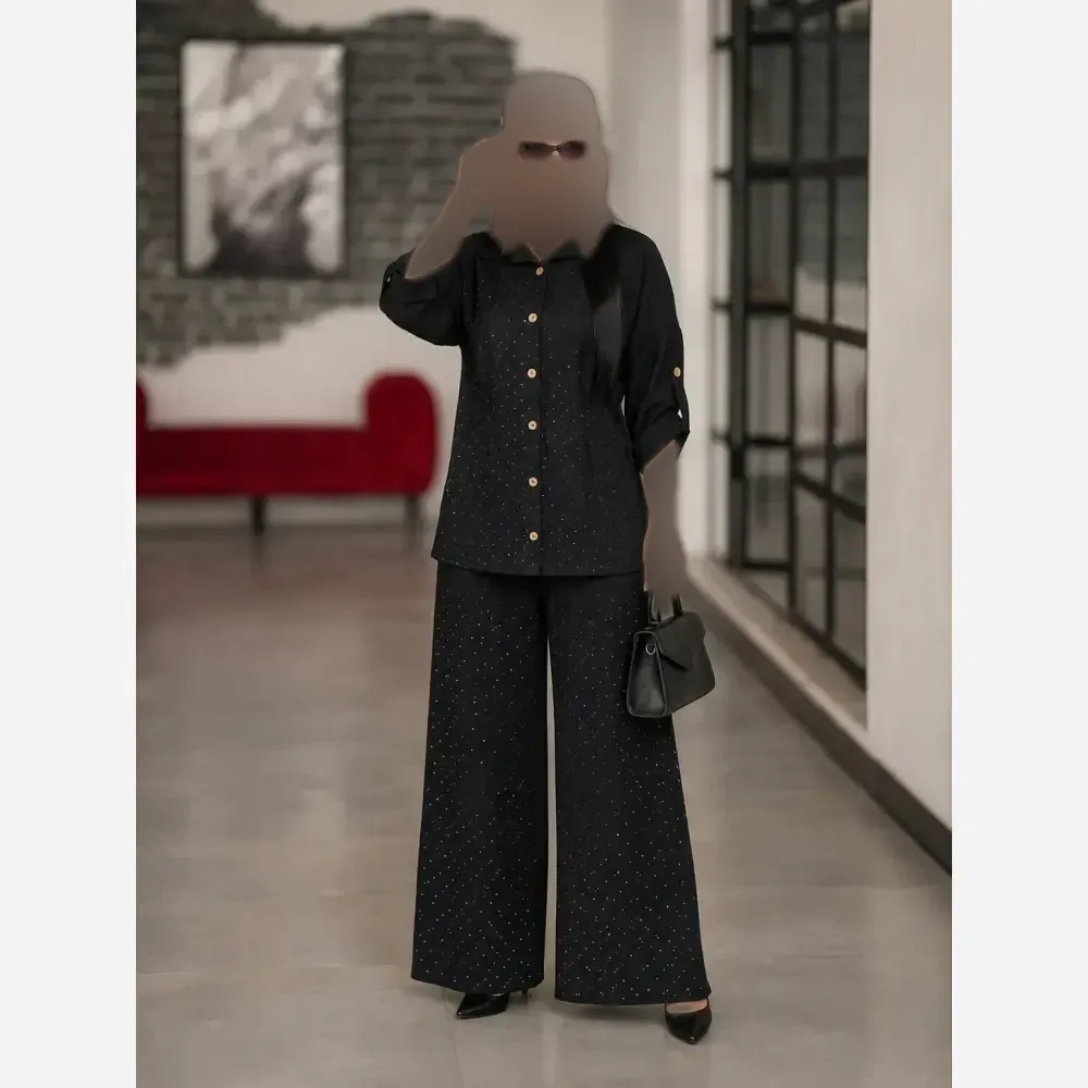 ست شومیز شلوار زنانه نگینی مدل دیبا جنس ژاکارد رنگ مشکی سایز 38 تا 48