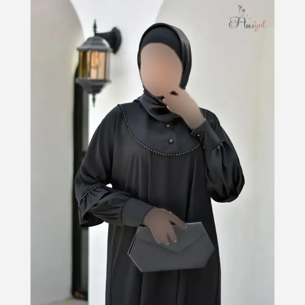 مانتو عبایی زنانه مدل رضوانه جنس کرپ ندا اماراتی مشکی فری سایز