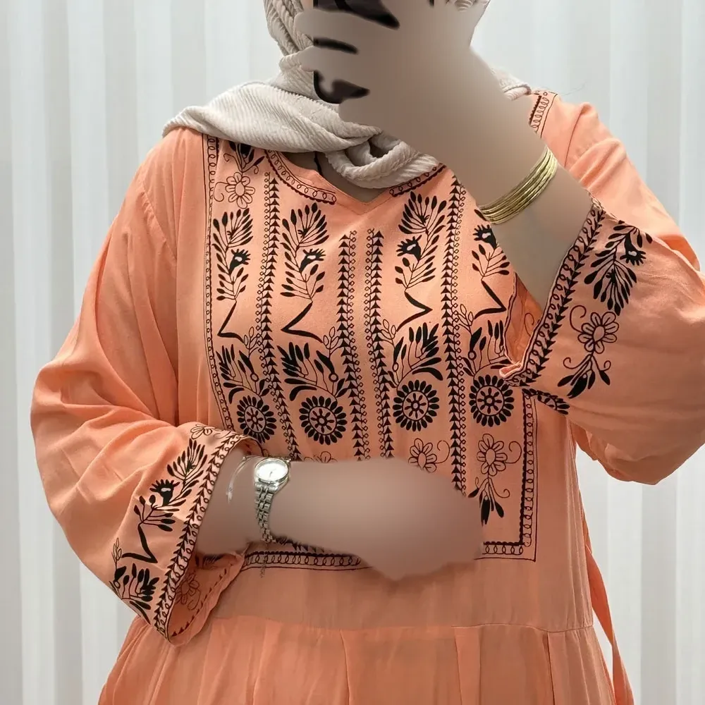 پیراهن نخی زنانه مدل الهه فری سایز مناسب تا 46 همراه با کمربند