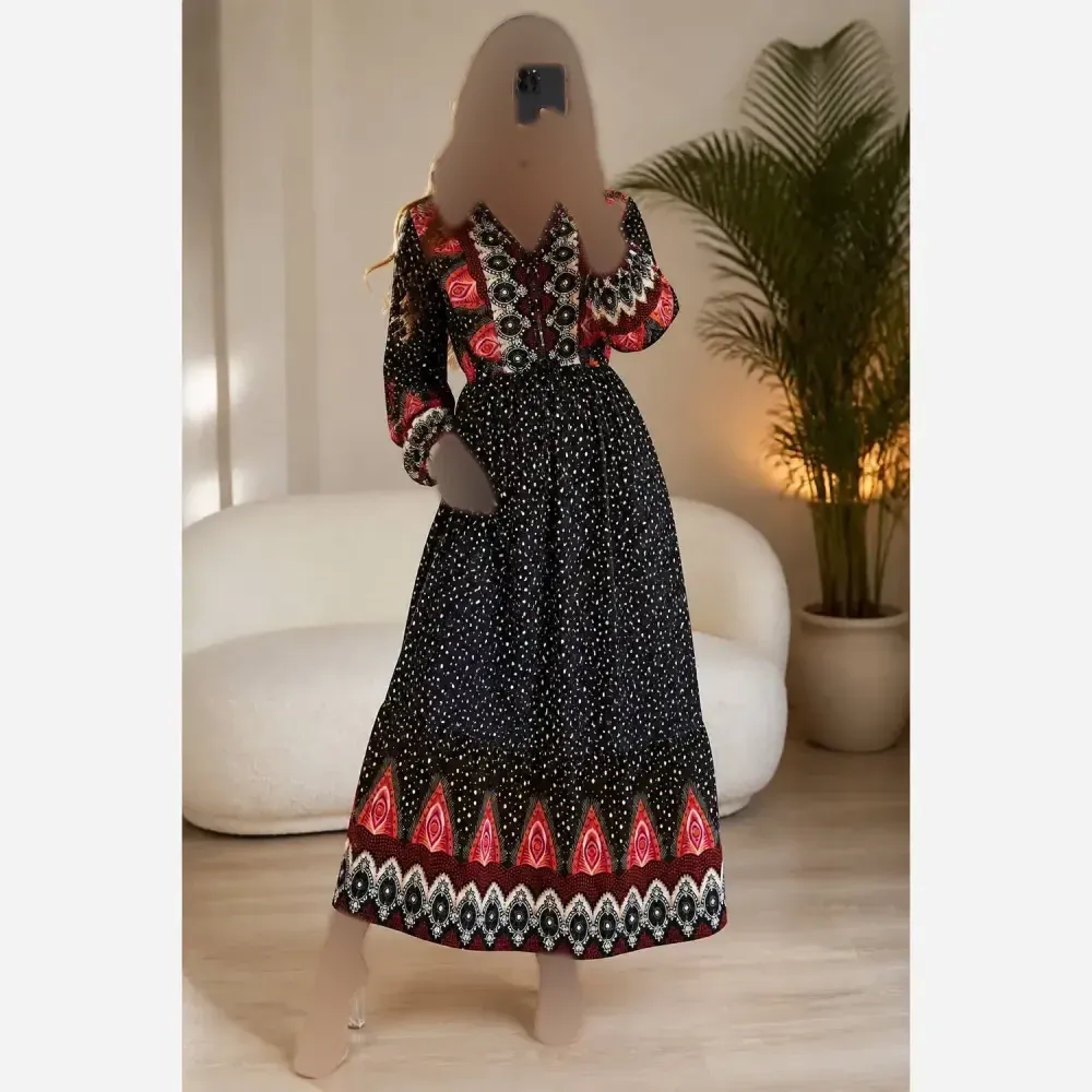 پیراهن زنانه طرح طاووس جنس بوگاتی فری سایز با کمربند متصل