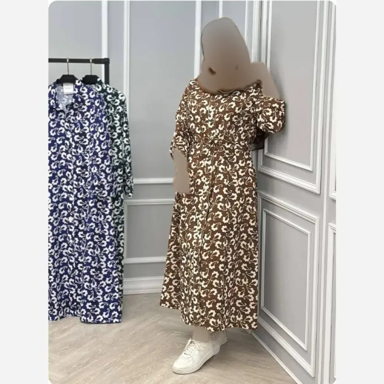 پیراهن ساحلی نخی زنانه مدل نازبانو فری سایز کمربنددار