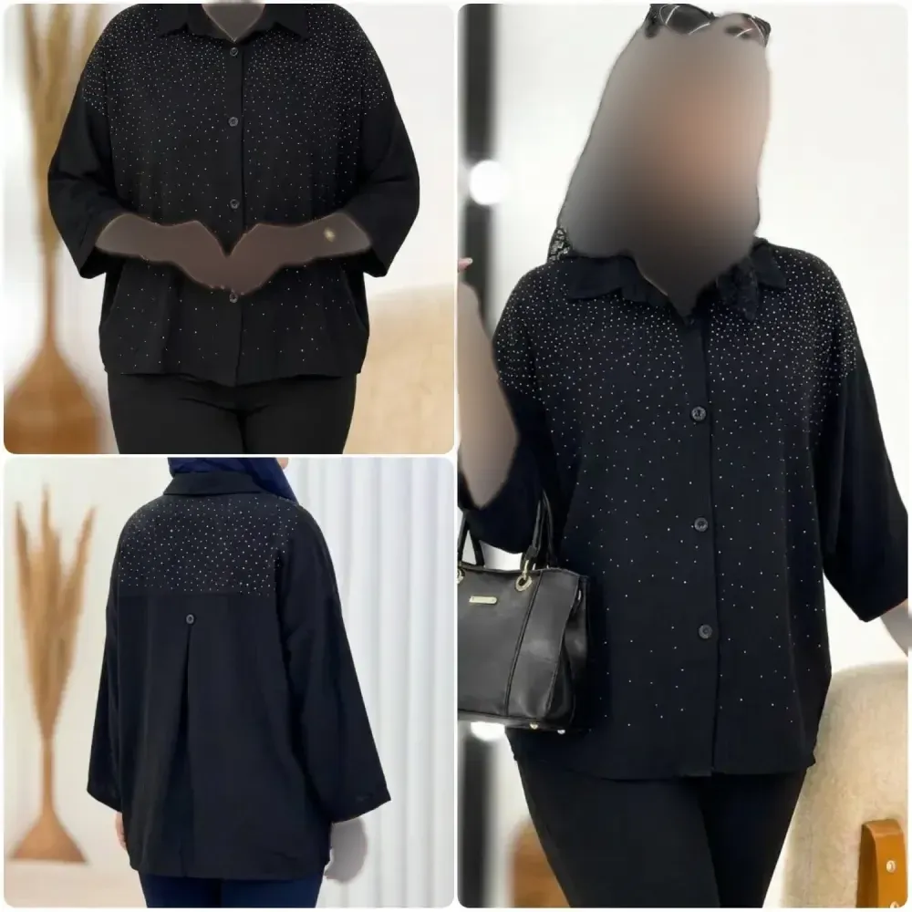 شومیز زنانه مدل رخشان جنس کریشه مشکی فری سایز 38 تا 48