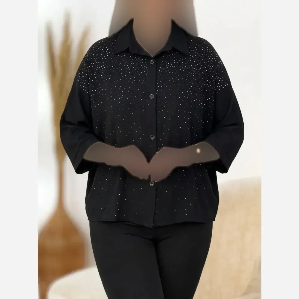 شومیز زنانه مدل رخشان جنس کریشه مشکی فری سایز 38 تا 48