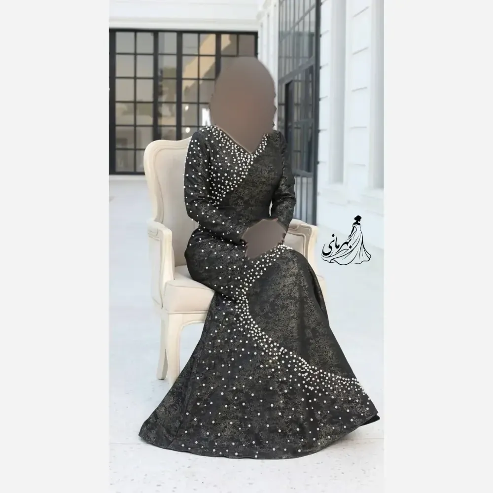 پیراهن مجلسی زنانه مدل ماهی جنس ژاکارد ترک مروارید دوزی شده رنگ مشکی