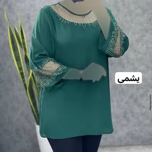 شومیز زنانه قواره دار مدل شیما جنس کرپ الیزه و حریر نگین کاری شده سایز بزرگ تا 60