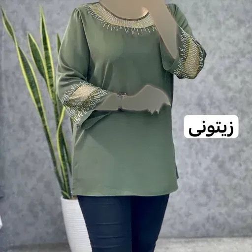 شومیز زنانه قواره دار مدل شیما جنس کرپ الیزه و حریر نگین کاری شده سایز بزرگ تا 60