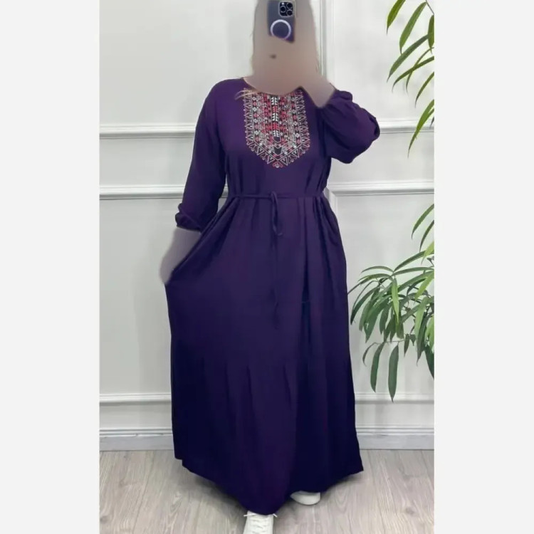 کفتان نخی چاپی کمربنددار زنانه فری سایز 38 تا 50 رنگ سرمه ای و بنفش