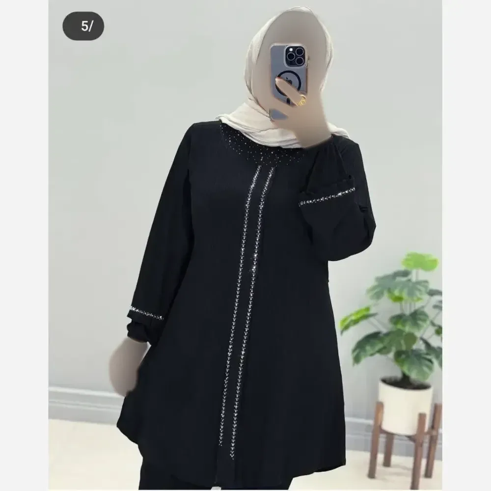 تونیک زنانه یقه گرد پیله دار نگین دار جنس کریشه پلاس وارداتی (2)