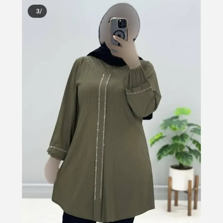 تونیک زنانه یقه گرد پیله دار نگین دار جنس کریشه پلاس وارداتی (2)
