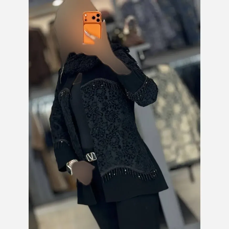 کت شلوار مجلسی زنانه کرپ مرویجت با خرجکار گیپور مشکی