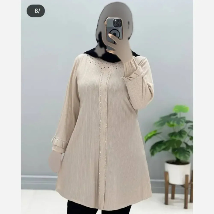 تونیک زنانه یقه گرد پیله دار نگین دار جنس کریشه پلاس وارداتی