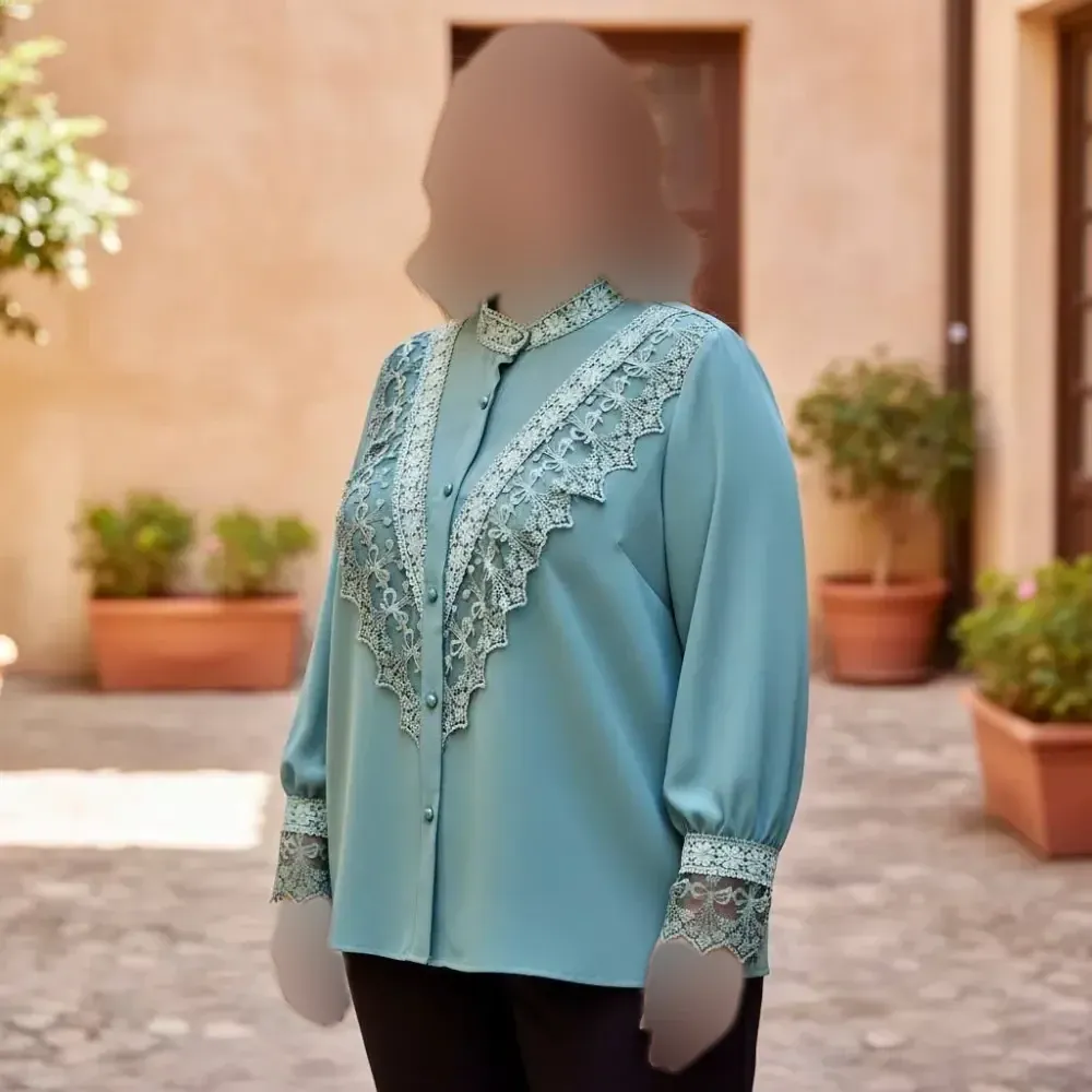شومیز مجلسی زنانه مزون دوز جنس الیزه با خرج کار گیپور ترک سایز 40 تا 52