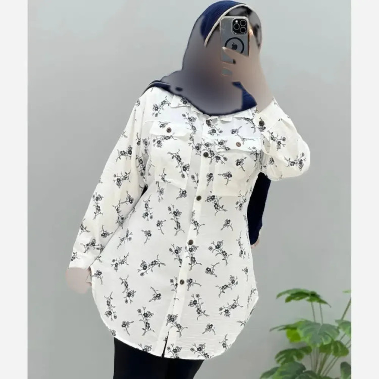 شومیز مانتویی زنانه طرح گل گچی جنس پارچه سوفیا سایز بزرگ 42 تا 50