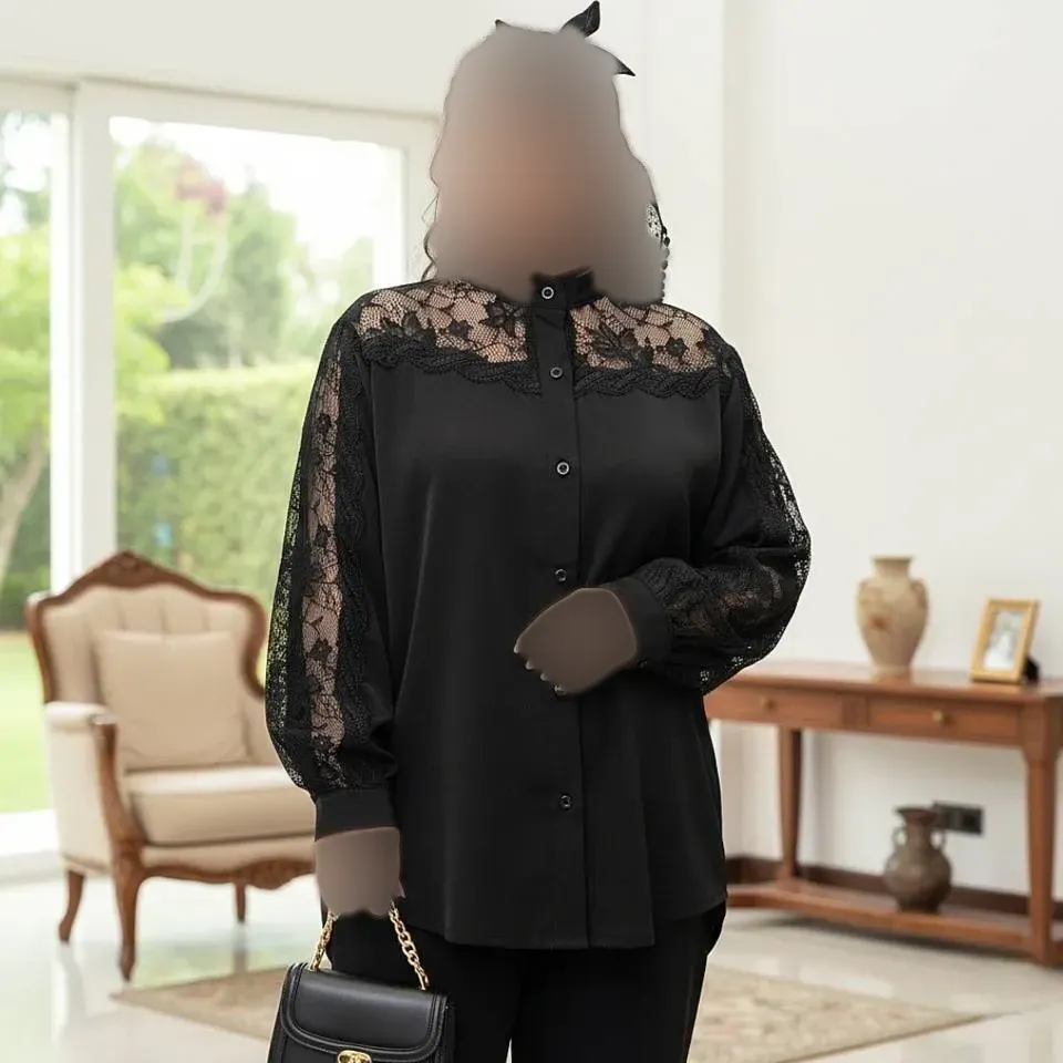 شومیز زنانه مدل شیفته جنس کرپ الیزه مشکی با خرجکار نوار قلاببافی و تور سایز 38 تا 60