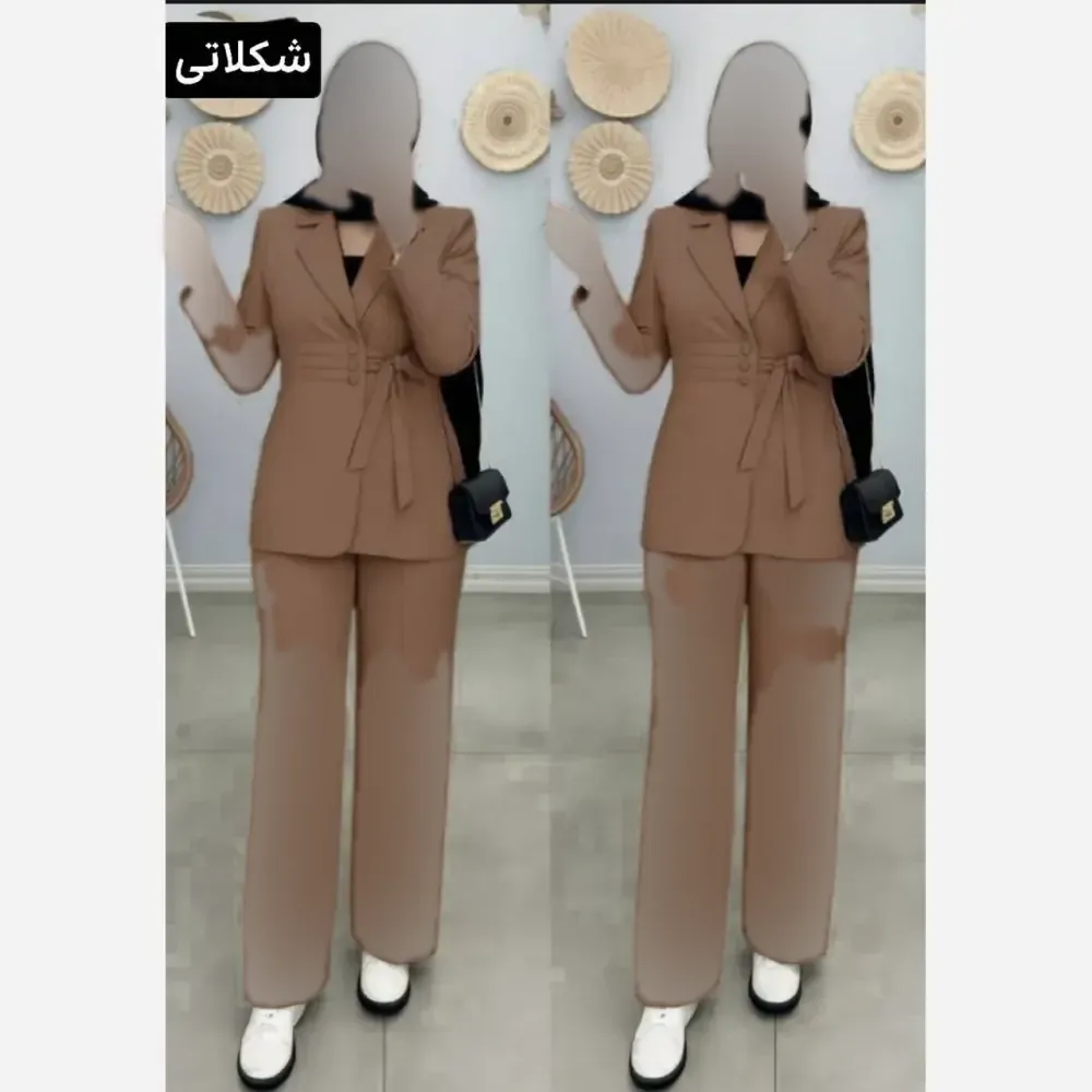 کت و شلوار زنانه مدل السانا جنس مازراتی با شلوار بگ و دکمه کاربردی