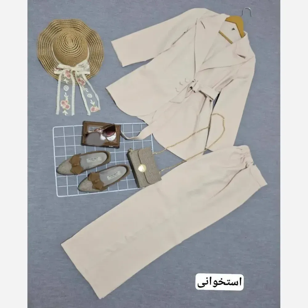 کت و شلوار زنانه مدل السانا جنس مازراتی با شلوار بگ و دکمه کاربردی