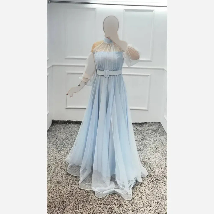 پیراهن ماکسی زنانه مجلسی تور با خرجکار نواردبی قد 152 با کمربند