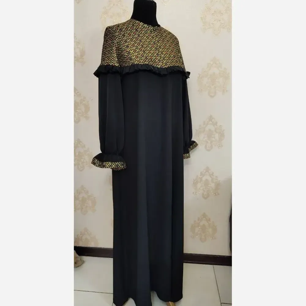 عبا زنانه طرح دنیا جنس الیزه و خرجکار تافته هندی رنگ مشکی سایز 40 تا 60