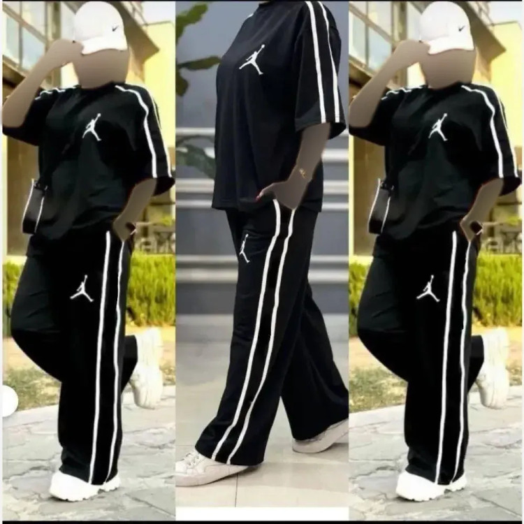 ست تیشرت و شلوار زنانه طرح جردن جنس ویسکوز پنبه فول کش رنگ مشکی فری سایز 36 تا 46