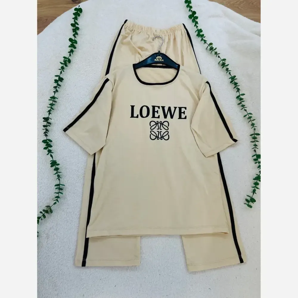 ست تیشرت و شلوار زنانه طرح LOEWE جنس سوپر اسپان فول کش سایز فری 36 تا 48