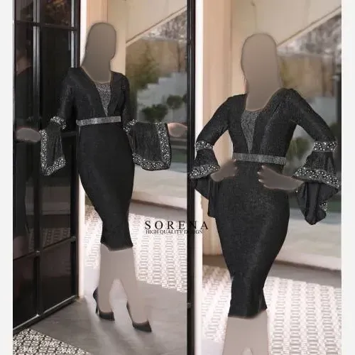 پیراهن مجلسی زنانه مدل دلینا جنس لمه مشکی نگیندوزی شده قد 120 سایز 36 تا 52