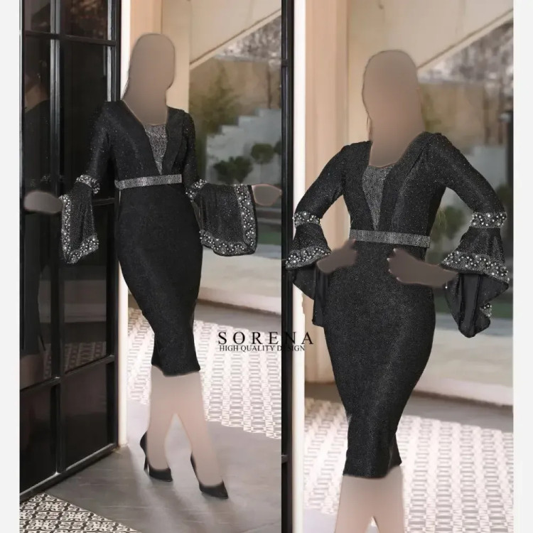 پیراهن مجلسی زنانه مدل دلینا جنس لمه مشکی نگیندوزی شده قد 120 سایز 36 تا 52