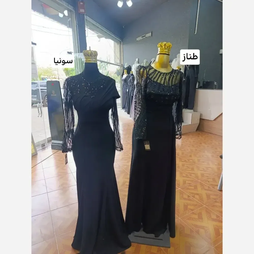 پیراهن مجلسی زنانه مدل سونیا حریر پولکدوزی و کرپ دالقیچ مشکی مزوندوز