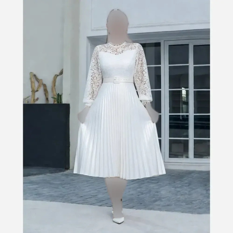 پیراهن میدی زنانه ساتن آمریکایی و تور دانتلدوزی شده قد 120