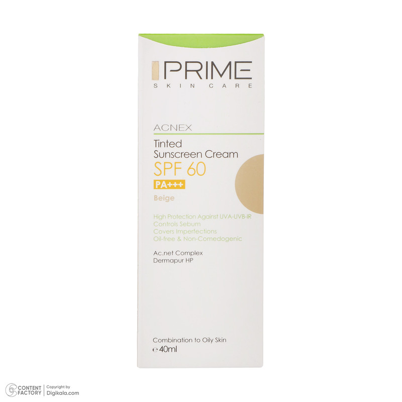 کرم ضدآفتاب رنگی پرایم مدل Acnex Beige SPF60، مناسب پوستهای چرب، حجم 40 میلیلیتر