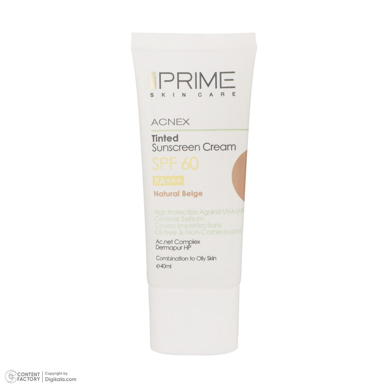 کرم ضدآفتاب رنگی پرایم مدل Acnex Beige SPF60، مناسب پوستهای چرب، حجم 40 میلیلیتر