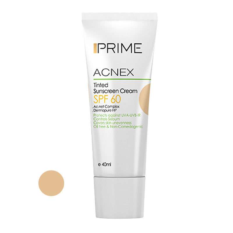 کرم ضدآفتاب رنگی پرایم مدل Acnex SPF60، مناسب پوستهای چرب، حجم 40 میلیلیتر