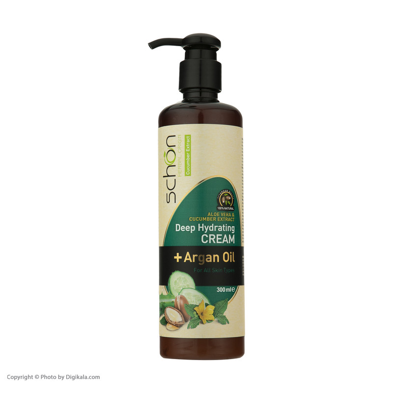 کرم مرطوبکننده شون، مدل Cucumber، مناسب انواع پوست، با عصاره خیار، حاوی روغن آرگان، مناسب استفاده برای دست و صورت، حجم 300 میلیلیتر