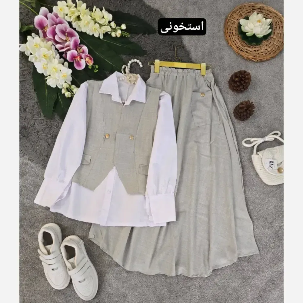 ست سه تیکه شومیز جلیقه و دامن مدل ژینا جنس شانتون سایز فری