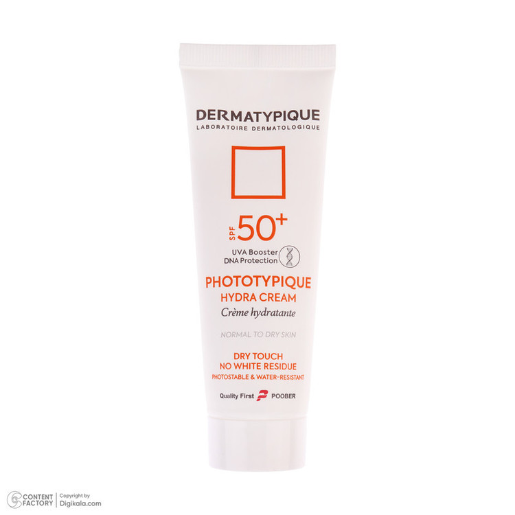 فلوئید ضد آفتاب بدون رنگ درماتیپیک مدل hydra cream محافظ UVA،UVB مناسب برای پوست خشک حجم 40 میلی لیتر