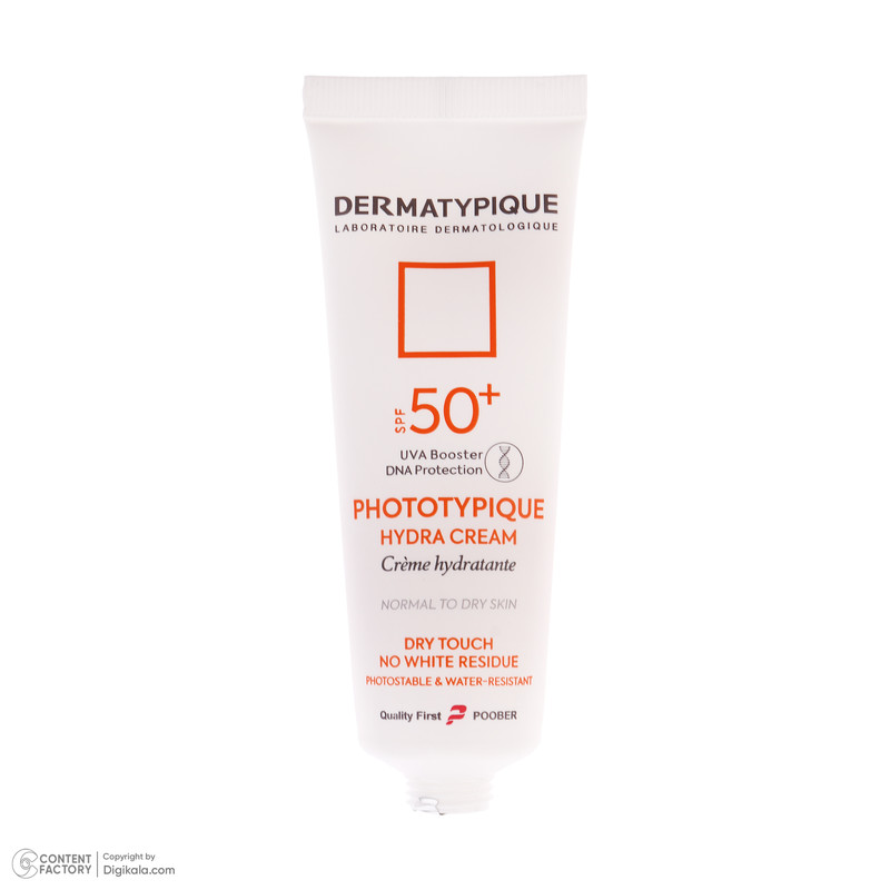 فلوئید ضد آفتاب بدون رنگ درماتیپیک مدل hydra cream محافظ UVA،UVB مناسب برای پوست خشک حجم 40 میلی لیتر