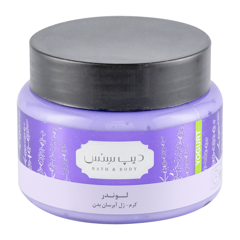 کرم ژل بدن دیپ سنس مدل لوندر حجم 250 میلیلیتر مناسب انواع پوست، حاوی کره کاکائو، روغن آملا و هیالورونیک اسید، آبرسان قوی، ضد خشکی، نرمکننده، جمعکننده منافذ و روشنکننده پوست