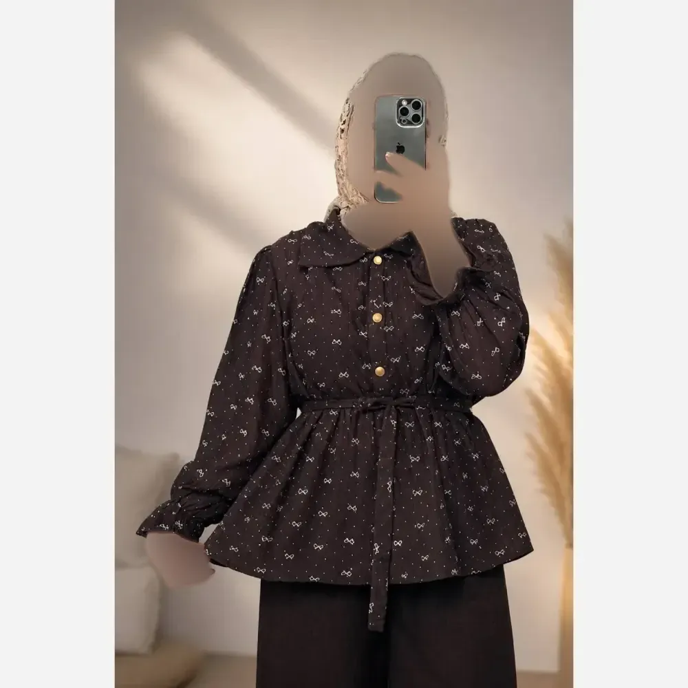 ست شومیز و شلوار زنانه پاپیون شاین فری سایز پری نگین دار و لینن شانتون