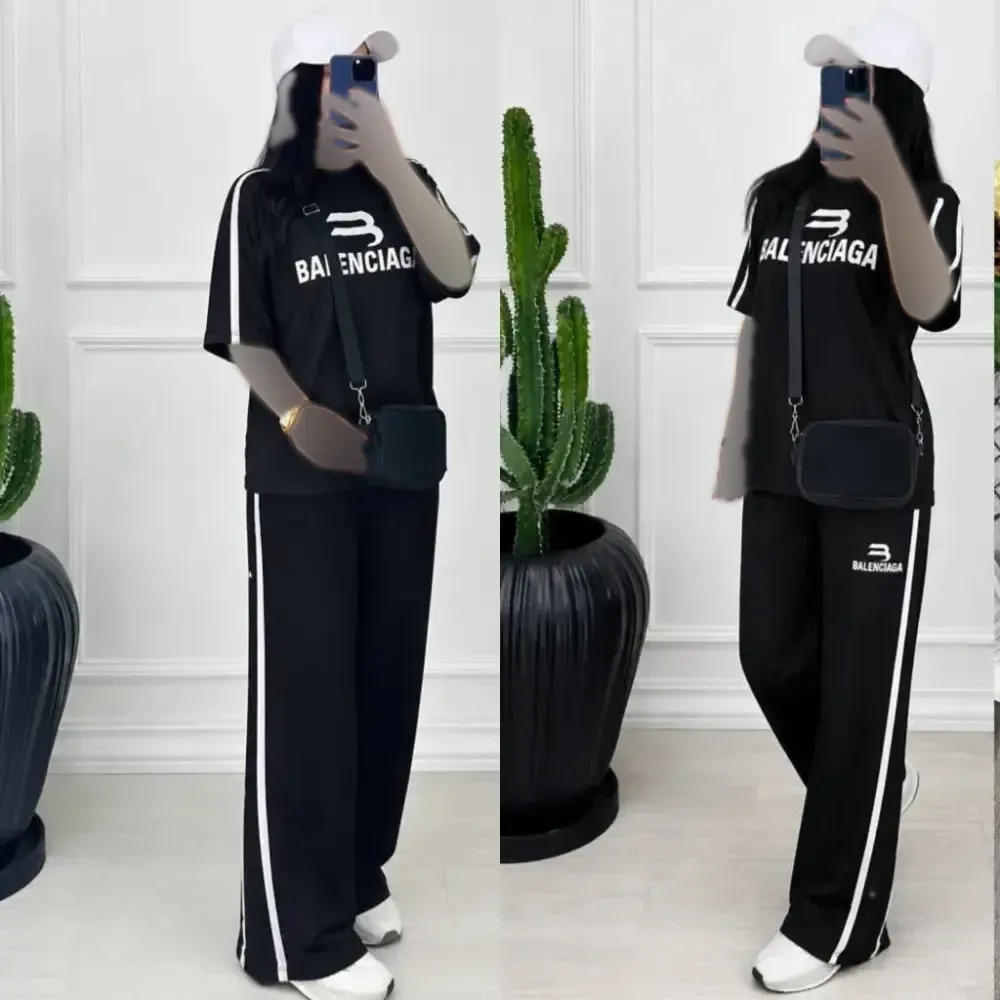 ست تیشرت و شلوار زنانه پنبه گلکسی مدل ماتریس رنگ سفید مشکی فری سایز