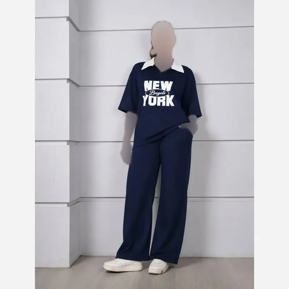 ست تیشرت شلوار نیویورک جنس گلکسی پنبه رنگی سایز فری سایز
