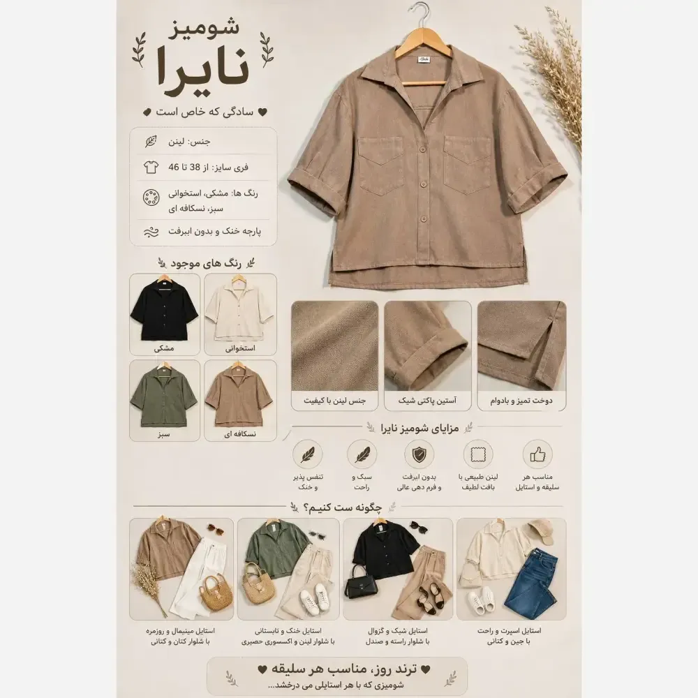 شومیز دو جیب نایرا جنس لینن فری سایز رنگ بندی متنوع