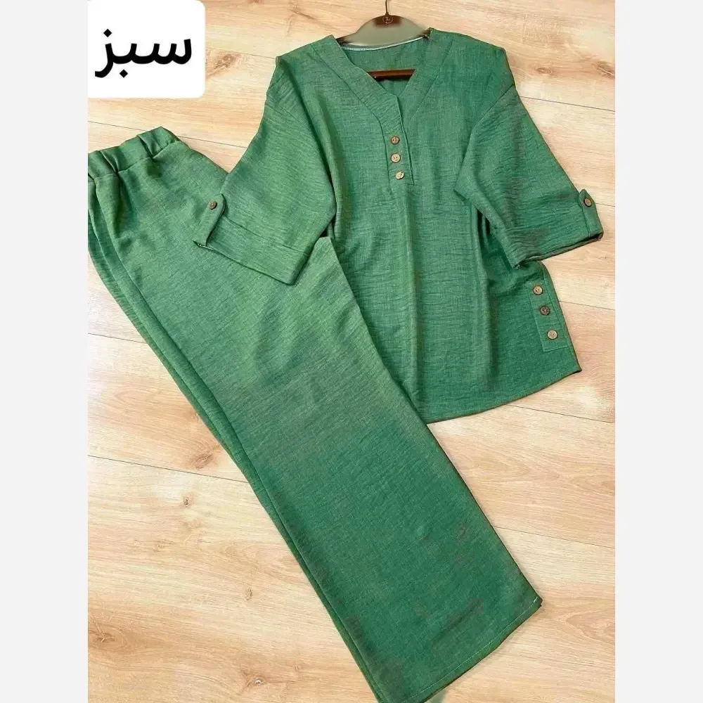 ست شومیز و شلوار زنانه مدل الناز جنس شانتون صوفیا رنگ سبز و نسکافه ای فری سایز