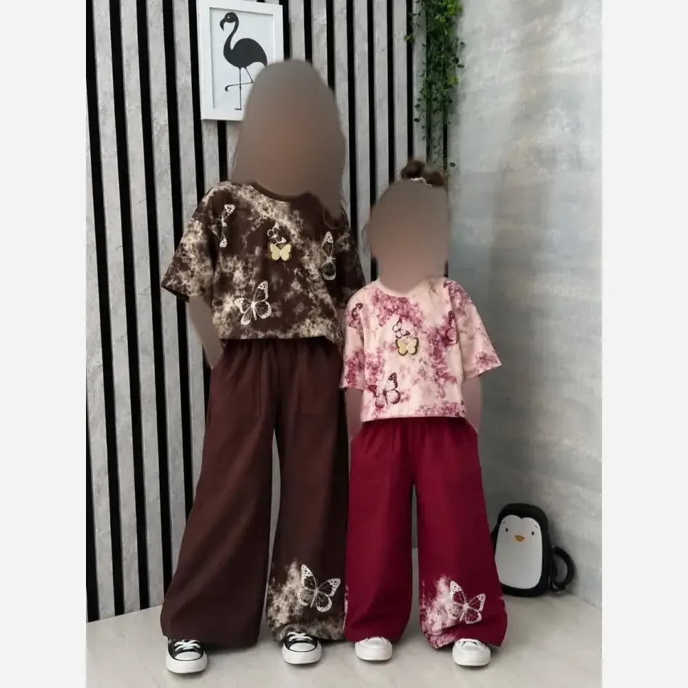 ست تیشرت شلوار پروانه پنبه یکرو لاکرادار دخترانه زرشکی مشکی شکلاتی