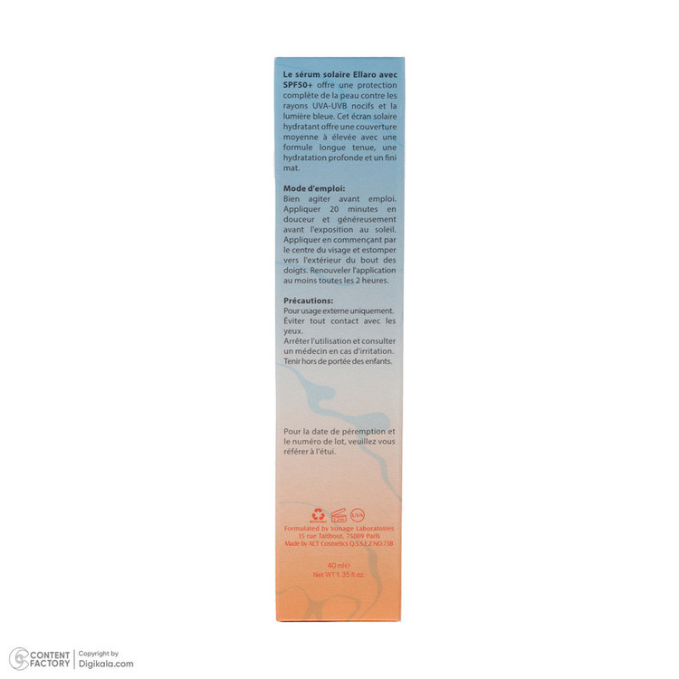 سرم ضد آفتاب رنگی light tinted صورت الارو SPF50 مدل Hyaluronic acid محافظ در برابر اشعه UVA و UVB مناسب برای انواع پوست حجم 40 میلیلیتر