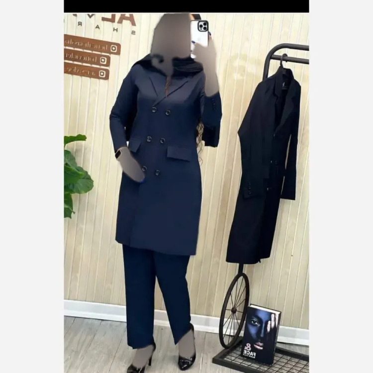 کت شلوار اداری زنانه جنس فاستونی رنگ مشکی سورمه ای طوسی